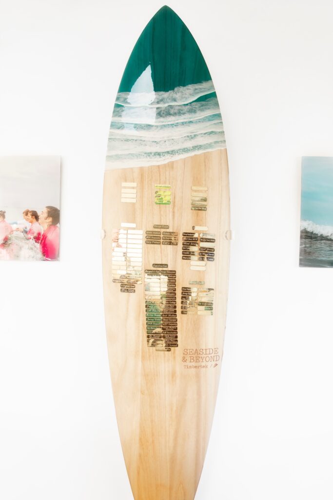Decorative surfboard with wave design and wall art.