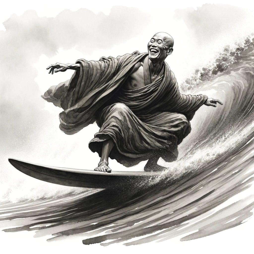 Monk surfing on wave, black and white illustration.