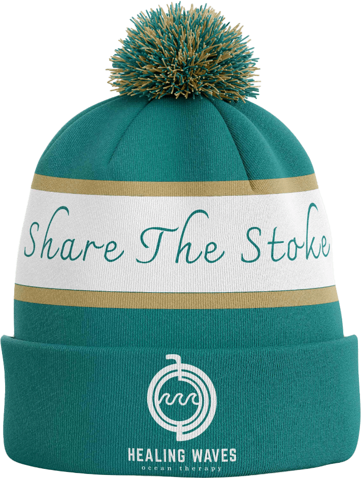 Green bobble hat with "Share The Stoke" text.