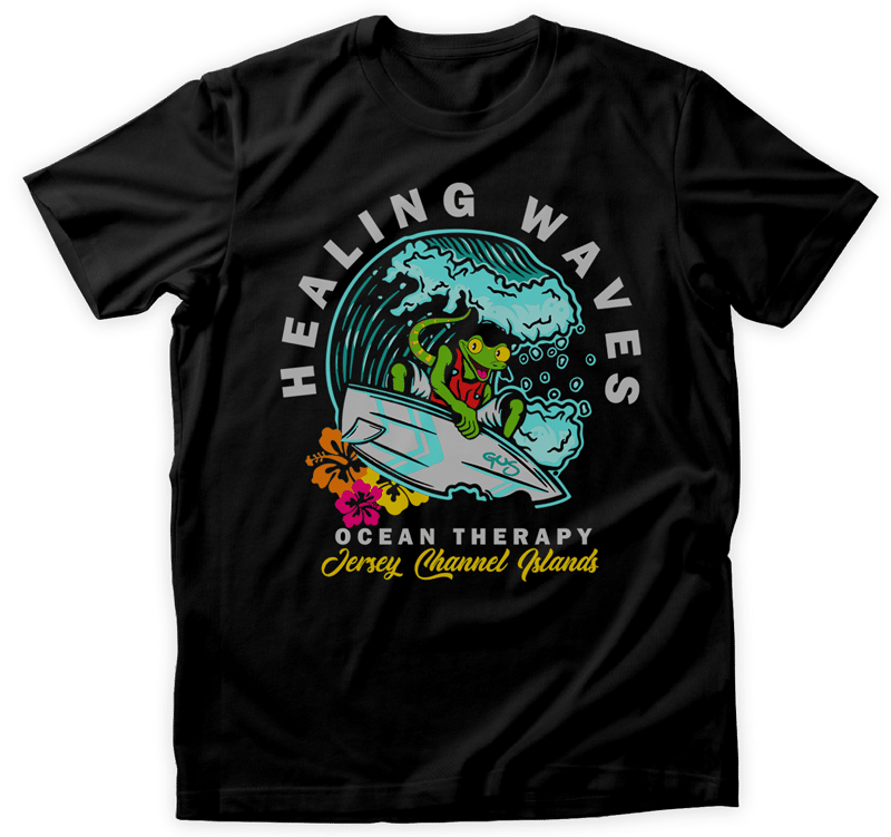 Black t-shirt with Healing Waves ocean therapy design.